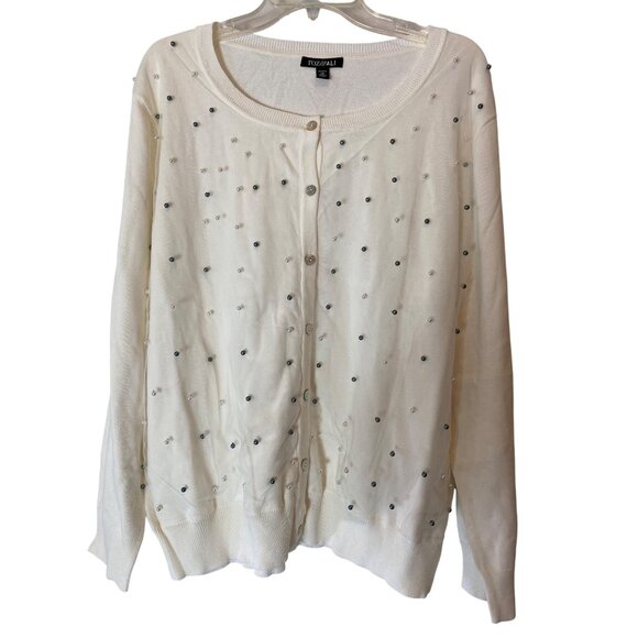 Roz & Ali Embellished Ivory Cardigan Sweater Faux Pearl Detail 3X - Picture 1 of 11